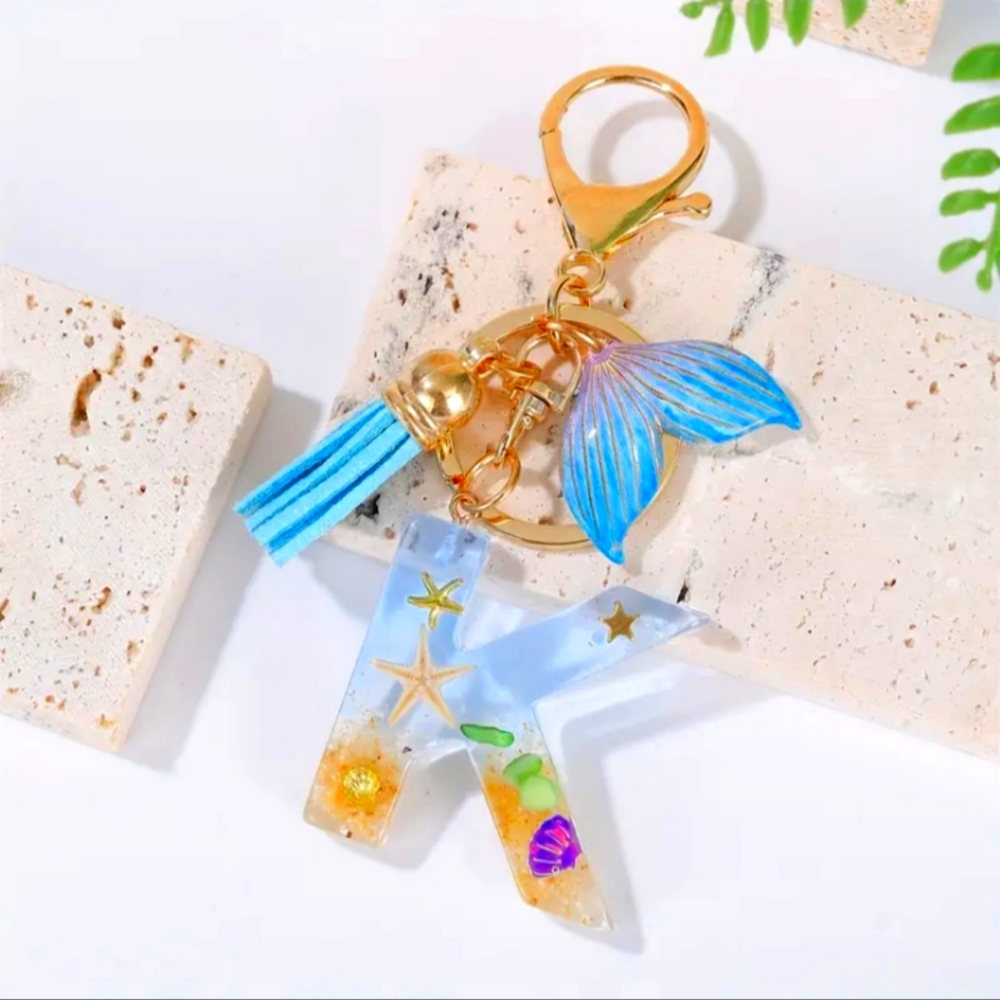 NEW! Resin Letter "K" Initial Keychain Purse Charm w/ Mermaid Fin Tassel ~ Ocean